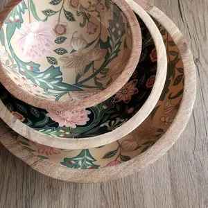 Bol à soupe en bois d'acacia fait à la main, imprimé floral en émail, écologique, style américain, bol à mangue pour restaurants, hôtels, table - Product Image 2