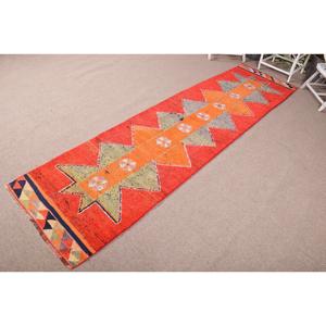 Turkish Vintage Rug, 2.9x11.4 ft <b>Runner</b> Rug, <b>Red</b> Blue Plants & trees Rug - Product Image 2