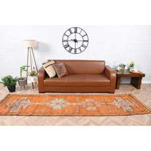 Tapis turc vintage 2,9x10,6 pieds, tapis en laine à motifs floraux orange et gris - Product Image 1