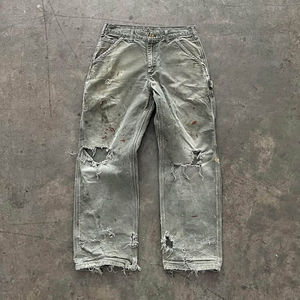 Pantalones de Carpintero Vintage Personalizados para Hombre, Estilo Cargo de Mezclilla Deslavada, Diseño Desgastado y Roto, Jeans Personalizados de Verano - Product Image 1