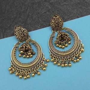 Jeweljunk, pendientes Jhumki de oro de 14 quilates, diseño de aro religioso de moda con rodio y chapado en oro rosa, piedra de circón, modelo 1314841 - Product Image 1