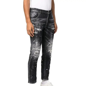 Men's <b>Black</b> Washed Paint Straight Slim Fit Jeans Zipper Fly with Ripped & Repair Rhinestones Patchwork on Inner Side - Product Image 6