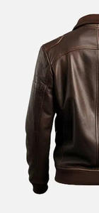 แจ็กเก็ตขี่จักรยานคอตั้งสำหรับผู้ชาย, เสื้อแจ็คเก็ตหนังแกะแท้สีน้ำตาลมีซิปปิด - Product Image 4