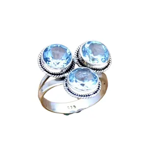 Doğal mavi Topaz el yapımı yüzük takı mükemmel kızlar katı 925 ayar gümüş taş gümüş 925 damga yüzük takı