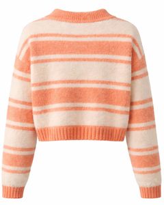 Customized Peach White Striped <b>Women</b> V Neck Knit Sweater Soft Fuzzy Fabric Long Sleeve <b>Cropped</b> Winter Casual Fashion Pullover - Product Image 2