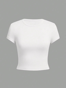 Camiseta Básica de Mujer de Color Sólido con Cuello Redondo, Paquete de 4, Verano, Casual, Minimalista, con Botones, Antiencogimiento, Tejido Jersey, Manga Corta, Ajustada - Product Image 5