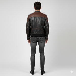 Blouson en cuir véritable et toile marron et noir vintage pour homme, col montant, style motard, décontracté, streetwear, hiver, vente en gros sur mesure - Product Image 3