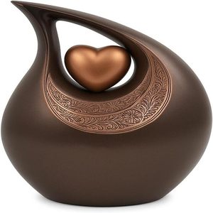 Urnes funéraires artisanales en forme de larme, personnalisables et gravées, Cœur d'amour, pour cendres humaines, 11x8 pouces, Marron et Cuivre - Product Image 1