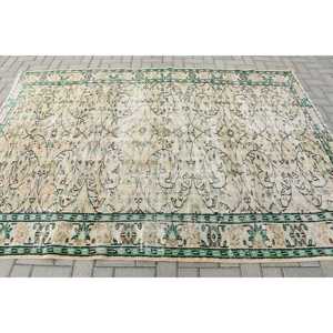Tapis de 5,9 x 8,3 pieds, tapis turc vintage, tapis en laine vert beige à motifs floraux - Product Image 4