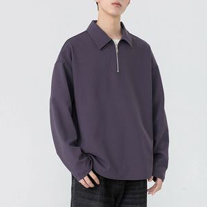 Haut à manches longues de couleur unie de haute qualité pour hommes, revers à la mode pour la conception de polo, sweats à capuche amples et simples à fermeture éclair - Product Image 3