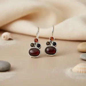 Pendientes de Plata 925 con Granate y Piedras Rojas y Negras, Estilo Vintage para Mujer, Uso Diario, Engaste de Bisel - Product Image 3