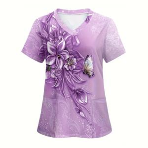 Camiseta de verano de manga corta Unisex en 3D con estampado Floral contemporáneo, camiseta médica veterinaria de enfermería, uniformes de Hospital, tela de sarga - Product Image 4