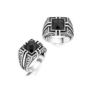 Anello in argento con motivo a strisce di pietra quadrata - Product Image 3