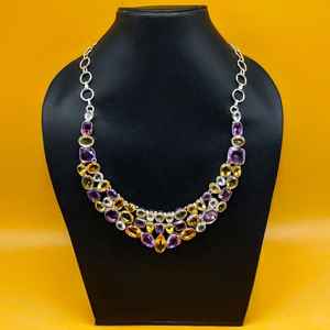 Collier fait à la main en argent 925 plusieurs pierres épaisses conçues par des artisans bijoux de chaînes fines lourdes d'Inde - Product Image 1