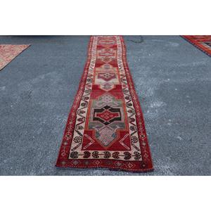 Turkish Vintage Herki <b>Runner</b> Rug 2.7x13.3 ft, <b>Red</b> Striped Rug Wool - Product Image 1