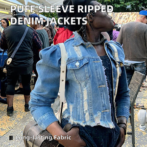 Chaquetas vaqueras informales para mujer, Chaquetas vaqueras de talla grande con manga abullonada y efecto rasgado, moda de otoño, técnica corta lavada sólida - Product Image 4
