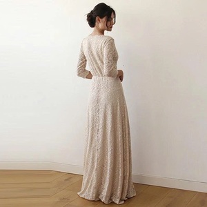 <b>Beige</b> Lace Three Quarters Sleeve <b>Wedding</b> <b>Dress</b> with Elastic at the Waist - Product Image 2