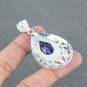 Natural Amethyst <b>Silver</b> Brass Pendent 925 <b>Silver</b> Plated Prong Set Pear Shape <b>Birthstone</b> Wholesale Jewelry <b>Necklace</b> Gift For Her - Product Image 4