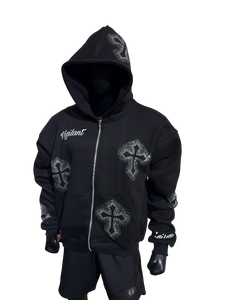 ชุดวอร์มผ้าฟลีซคอตตอนเทคนิคพิเศษ ย้อมสีดำแบบวินเทจ ผลิตในปากีสถาน แบบ OEM ซิปเต็มตัว ไซส์พลัส ปักลายเพชร สำหรับฤดูหนาว - Product Image 2