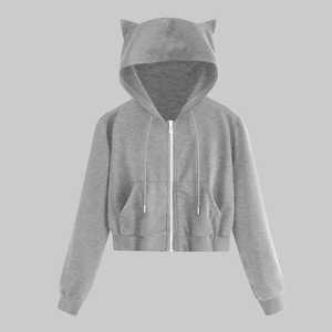 Sudadera con cremallera para mujer Casual Sólido Manga larga Bolsillo Gato Camisas con capucha Tops - Product Image 3