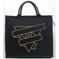 Bereit zum Versand von bösen Augenschutz bedruckte schwarze Jute taschen mit Reiß verschluss und azofrei gefärbten Baumwoll griffen