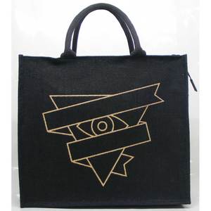 Sacs en jute noir imprimé de protection contre le mauvais œil prêt à expédier avec fermeture à glissière et poignées en toile de coton teint sans azo - Product Image 1