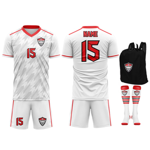 Conception personnalisée OEM Ensemble d'uniformes de football imprimés par sublimation 100% tissu respirant en polyester à séchage rapide avec sac de chaussettes haut-bas - Product Image 1