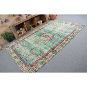 Tapis Vintage Turc Bohème Vert Beige Laine 5.7X9 pieds Classique Grande Surface Rectangle Patchwork Design pour Couloir Chambre Décor - Product Image 2