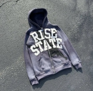 Sudadera con capucha azul desgastada con cremallera para hombre, forro polar, estampado bordado en relieve, ropa de calle de invierno - Product Image 2