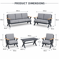 Ensemble de canapés d'extérieur modernes en aluminium 5 pièces, dossier haut, 3 places, 2 fauteuils, table basse pour jardin, salle à manger, patio, balcon, lavable