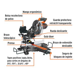 Sierra Ingletadora Telescópica Eléctrica de 10 Pulgadas para Bricolaje e Industrial, para Madera, Metal, Piedra y Revestimientos, con Certificación GS - Product Image 4