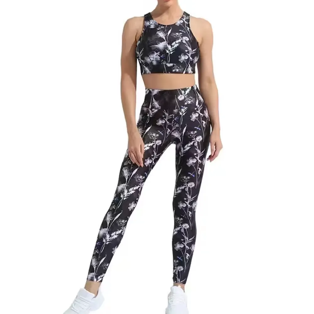 Grosir Label pribadi pakaian Yoga wanita sublimasi dicetak legging olahraga Bra wanita kebugaran pakaian yoga set Legging