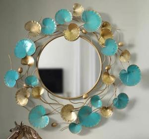 Miroir mural en métal floral bleu et or Art Déco personnalisé élégant pour la décoration de la maison, mariage, salon et chambre à coucher - Product Image 3