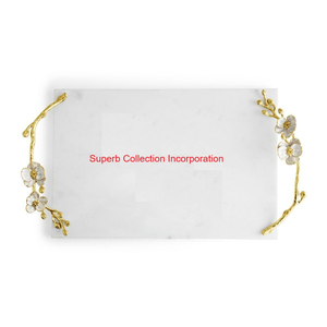 Bandeja para servir de mármol blanco de alta calidad con elegantes asas florales doradas para el centro de mesa de la boda y la Organización de la decoración del hogar - Product Image 1