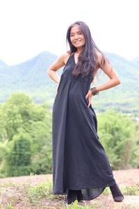 Holiday Women's 100% Cotton Summer Maxi Sexy Backless <b>Button</b> Decoration V-Neck Plain <b>Black</b> Dye Floor-Length for Autumn Season - Product Image 5