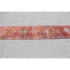 2.2x10.8 ft Turkish Rug, Vintage <b>Runner</b> Rug, <b>Red</b> Pink Check Wool Rug - Product Image 3