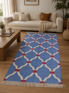 Alfombra Kilim de Algodón Grueso con Patrón Geométrico Hexagonal de Rejilla Marroquí Azul Aciano Hecha a Mano, Tejido Plano Escandinavo Moderno - Product Image 1
