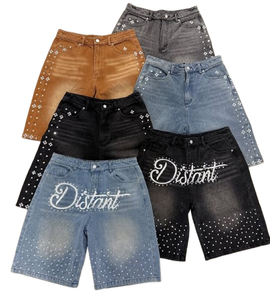 Pantalones cortos lavados con ácido personalizados para hombre, pantalones cortos vintage con diseño personalizado de algodón pesado, estampado de diamantes de imitación desgastados, pantalones cortos de lana para hombre - Product Image 4