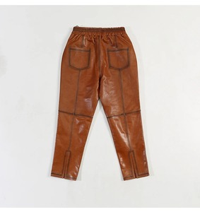 Pantalon en cuir véritable fendu taille élastique rétro pantalon en cuir de mouton véritable femme était un pantalon en cuir mince avec poches F2767 - Product Image 2
