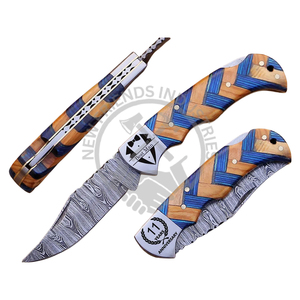 Handmade Damascus Steel Back <b>Lock</b> Pocket Knife Blue Olive Wood Handle DIY Sharp Edge Leather Sheath Personalized Folding Knife - Product Image 5