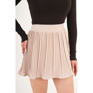 Lustrin Women's <b>Elastic</b> Waist Stone Color Mini <b>Skirt</b> with Inner Shorts - Polyester Elastane Blend for Casual Wear - Product Image 1