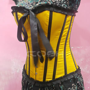 Fullbust Steelboned Two Tone Yellow And Black Satin Corset With Frill And Bow - Product Image 5