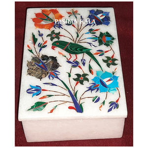<b>Floral</b> Design Handmade White Marble Inlay Jewellery <b>Box</b> Rectangular Shape With Glossy Surface Used For Watch Packing And Gifting - Product Image 1
