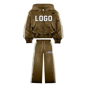 Ensemble de survêtement évasé avec logo personnalisé Sweat à capuche vieilli avec strass et lavage à l'acide et pantalon à jambes larges Streetwear Sportswear - Product Image 6