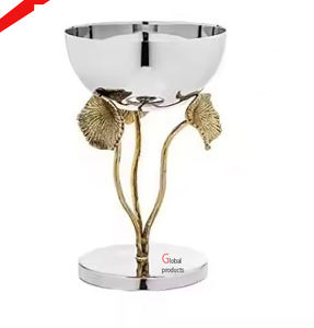 Cuenco de servicio de metal con acabado plateado de alta calidad con soporte de hoja dorada para hotel y restaurante - Product Image 1