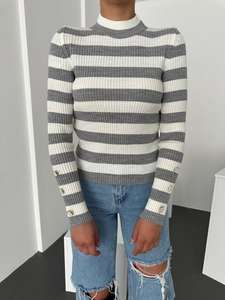 เสื้อสเวตเตอร์คอเต่าแขนยาวลายทางสีน้ำเงินเข้มของผู้หญิงเสื้อถักลำลองแบบมีกระดุมสำหรับฤดูใบไม้ร่วง - Product Image 6