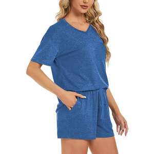 Women's Sets Summer Solid Casual <b>Short</b> Sleeves Tops <b>Shorts</b> Set Two Piece <b>Jumpsuit</b> 100% Cotton V neck OEM Service Plain Oversized - Product Image 4