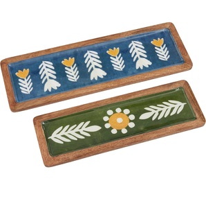 Bandeja de servicio de esmalte de madera con diseño de motivo tradicional multicolor Bandeja con mango decorativo para aperitivos de té Comedor Cocina Hogar - Product Image 4