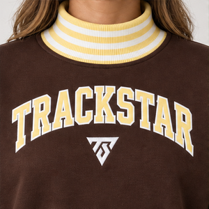Women's Chocolate Brown Mock Neck <b>Sweatshirt</b> with <b>White</b> Striped Trim Varsity Letters Trackstar OEM Private Label - Product Image 6