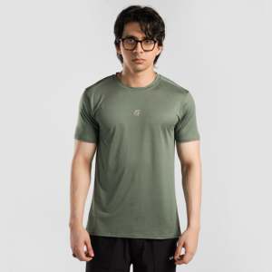 เสื้อยืดทรงพอดีตัวสีเขียวล้วน ผ้าถักโพลีเอสเตอร์ 100% น้ำหนัก 300 กรัม พร้อมป้ายกำกับแบบกำหนดเองและโลโก้ปักลาย ดีไซน์เรียบง่าย - Product Image 1
